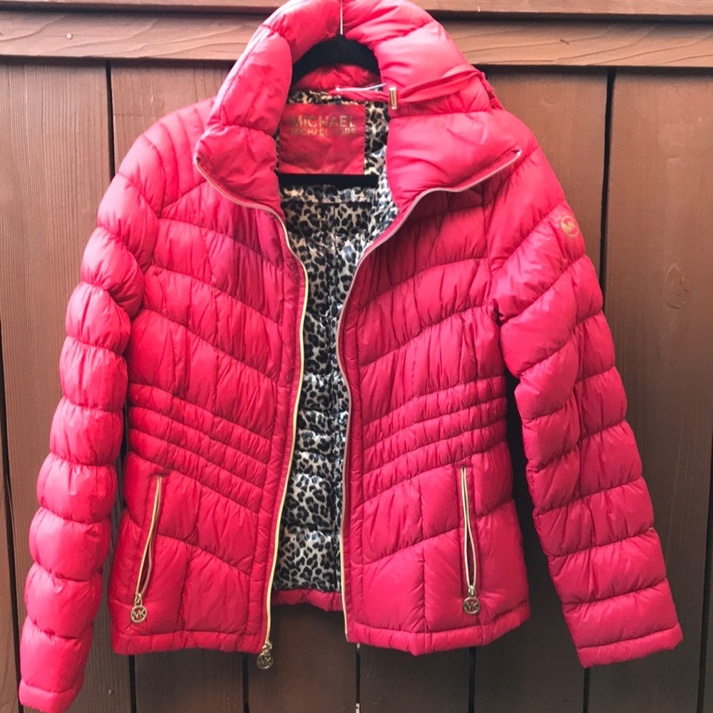 Michael Kors packable down fill jacket in red and cheetah.